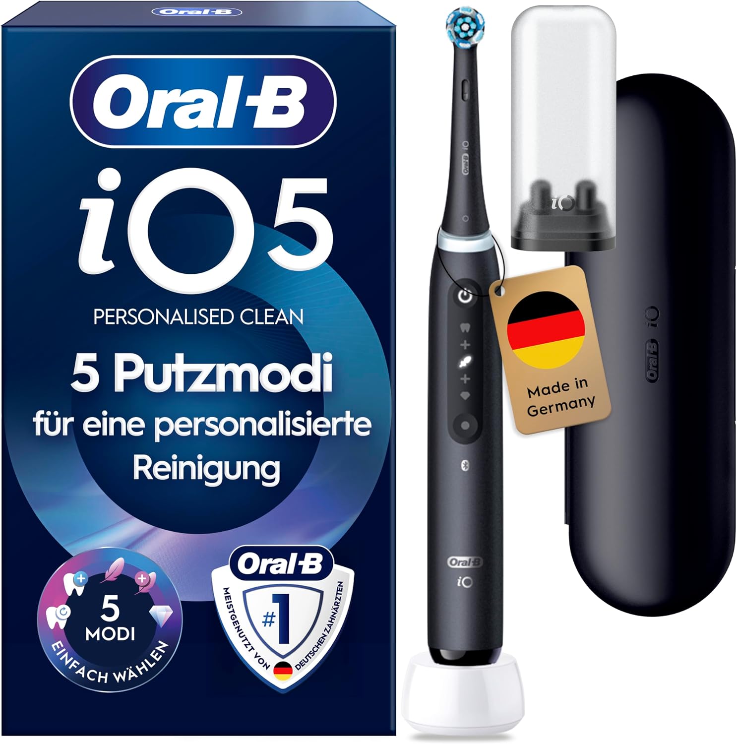 Oral-B iO Series 5 Elektrische Zahnbürste, Schwarz Inkl. 1 Aufsteckbürste, Reise-Etui, Electric Toothbrush mit 5 Putzmodi für Zahnpflege