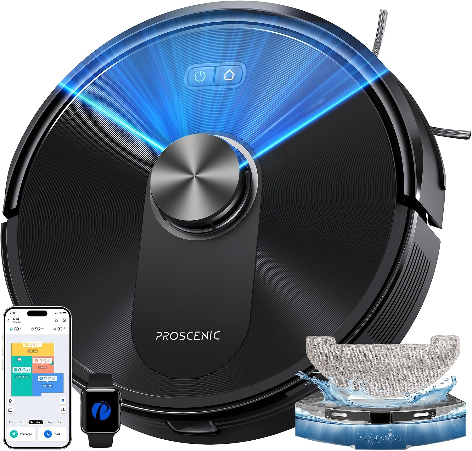 Proscenic Saugroboter mit Wischfunktion, 10000Pa 200Min Laufzeit Staubsauger Roboter,Saug und Wischroboter,Laser Navigation mit No-Go-Zonen,App/Alexa/iWatch,Auto Boost für Tierhaare Teppich Böden
