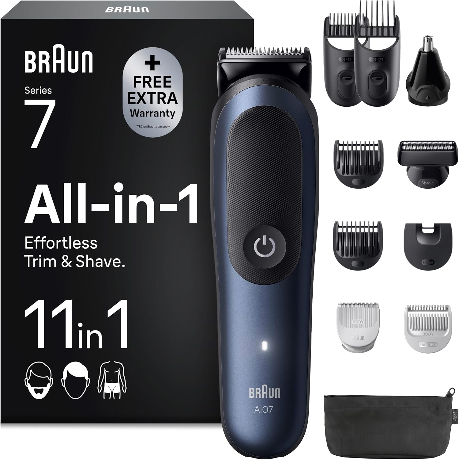 Braun Multigroom Set All-in-One Series 7, 11-in-1 Trimmer, AIO7540, Blau Barttrimmer, Nasenhaartrimmer, Haarschneidemaschine für Gesicht, Kopf Und Körper, 14 Längen, 120 Min. Akku, Wasserdicht