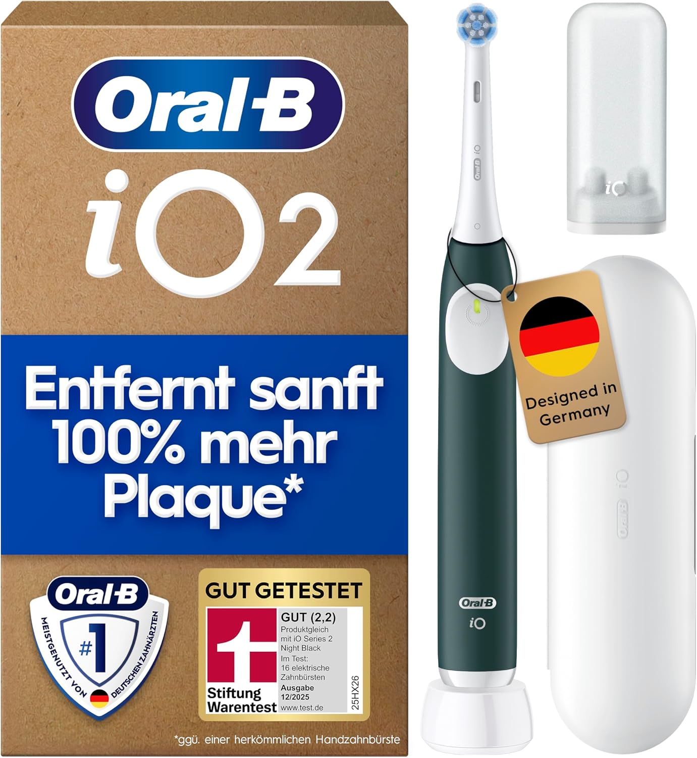 Oral-B iO Series 2 Elektrische Zahnbürste, Grün Inkl. 1 Aufsteckbürste, Reise-Etui, GUT GETESTET von STIFTUNG WARENTEST, Electric Toothbrush mit 3 Putzmodi für Zahnpflege
