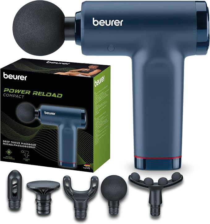 Beurer PowerReload compact Massagepistole, professionelle Triggerpunktmassage für Entspannung & Regeneration, kraftvolles Muskelmassagerät mit 5 Aufsätzen, 5 Intensitätsstufen, extrem leise