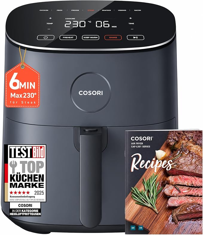 Cosori Airfryer, Max 230°C, 4,7L 7-in-1 Heißluftfritteuse Ideal für 1-2 Personen, 55dB leise, 85% weniger Öl, Max. 230°C, Shake-Erinnerung, Hellgrau
