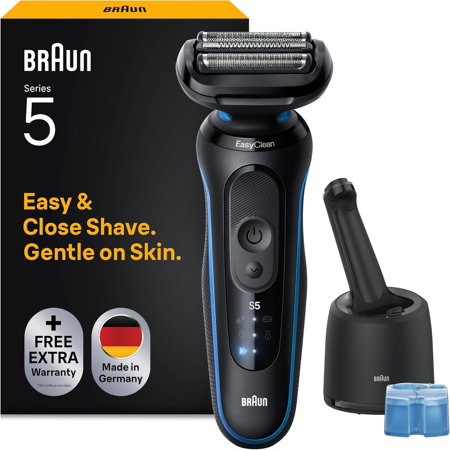 Braun Series 5 Elektrorasierer Herren, Nass- und Trockenrasur, Turbo und Standard Modus, Made in Germany, Rasierapparat mit SmartCare Reinigungsstation, Made in Germany, Wasserdicht, 52-B7000cc, Blau