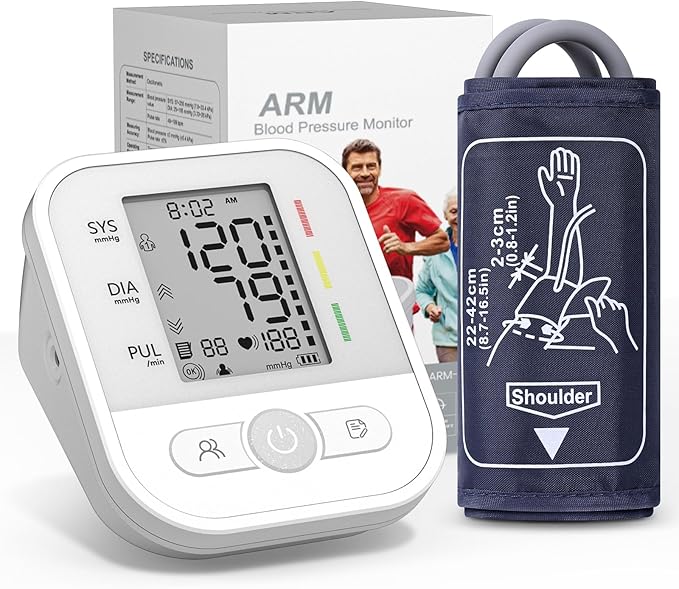 Blutdruckmessgerät Oberarm mit LCD-Display für den Hausgebrauch Verstellbare Manschette (22–42 cm) One-Touch-Bedienung Zwei-Benutzer-Modus zwei Stromversorgungsarten