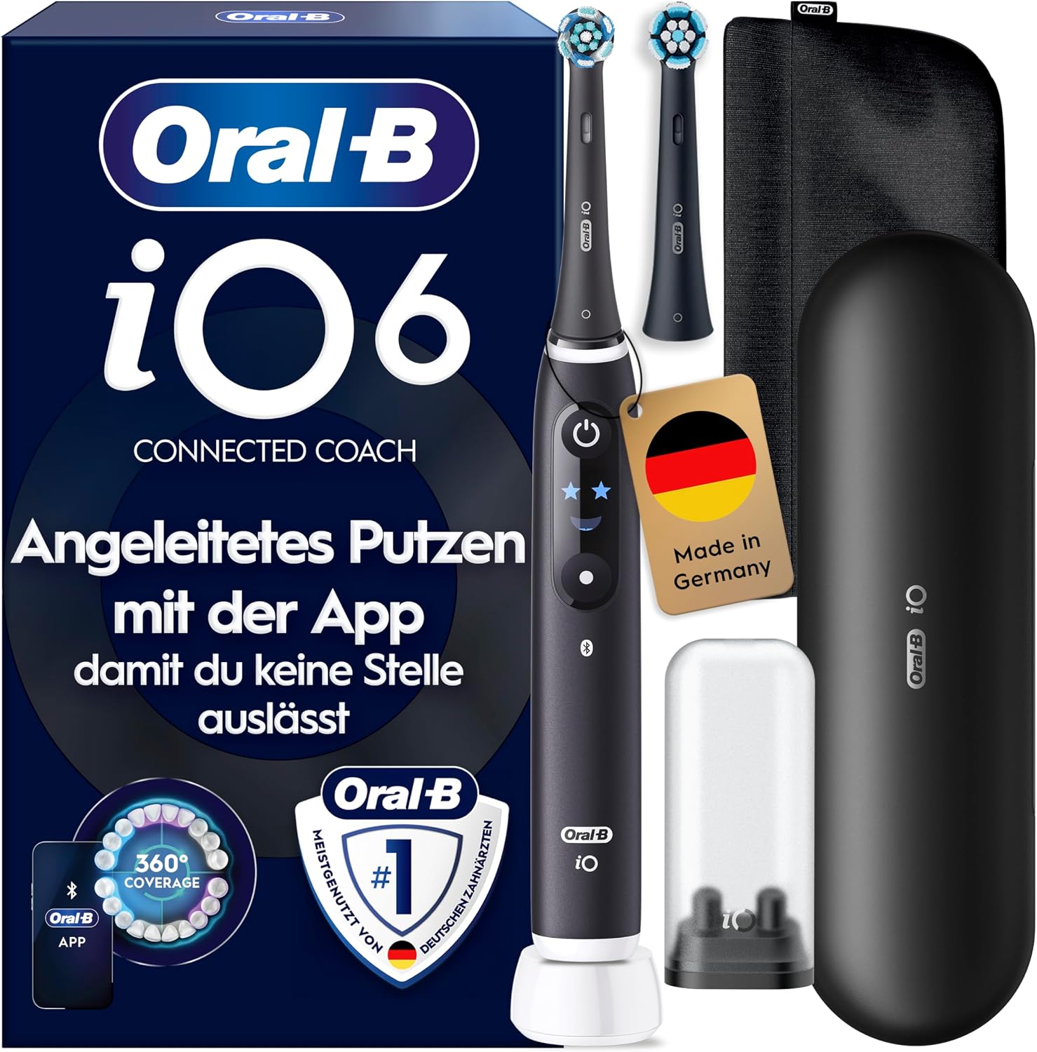 Oral-B iO Series 6 Elektrische Zahnbürste, Schwarz | Inkl. 2 Aufsteckbürsten, Reise-Etui, Electric T...