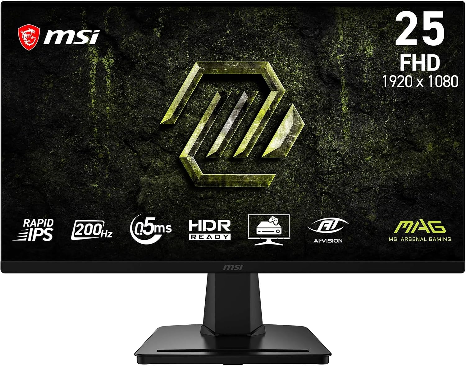 MSI MAG 256FA E20 24,5-Zoll-Gaming-Monitor, 1920 x 1080, FHD Rapid IPS, 200 Hz, 0,5 ms, HDR-fähig, AMD FreeSync Premium, Eye Care, AI Vision, HDMI 2.0b, DP 1.2a, Rahmenlos, VESA-Halterung, schwarz
