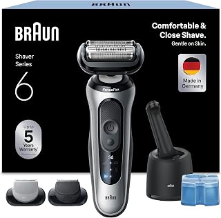 Braun Rasierer Herren Elektrisch Series 6, 62-S7650cc, Silber | Kabelloser Elektrorasierer, Barttrimmer, 60 Min. Akku, Wasserdicht, Made in Germany, Inkl. Pflegesystem Und 2 Aufsatze