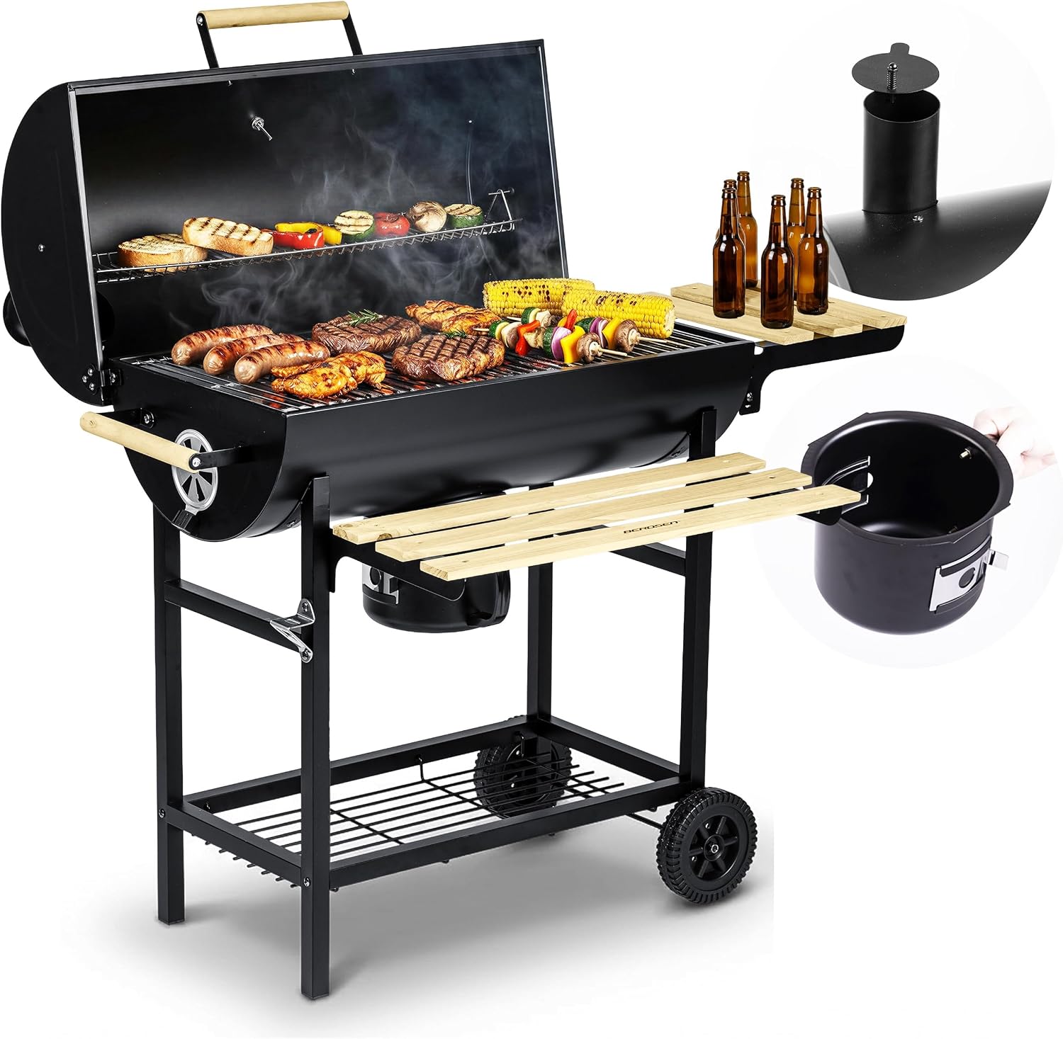 Berdsen Holzkohlegrill Grillwagen mit Deckel und Schornstein - Großer Grillrost 70 x 35 cm - XXL Grill mit Thermometer, Aschekasten und Flaschenöffner - Mobil auf Rädern
