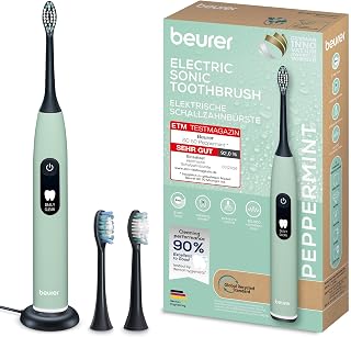 Beurer SC 50 Schallzahnbürste, elektrische Zahnbürste mit 5 Putzmodi & Andrucksensor, 80.000 Schwingungen, Display mit Putzdauer-Anzeige, inkl. 2 Aufsteckbürsten, 100% recyceltes Gehäuse (Peppermint)
