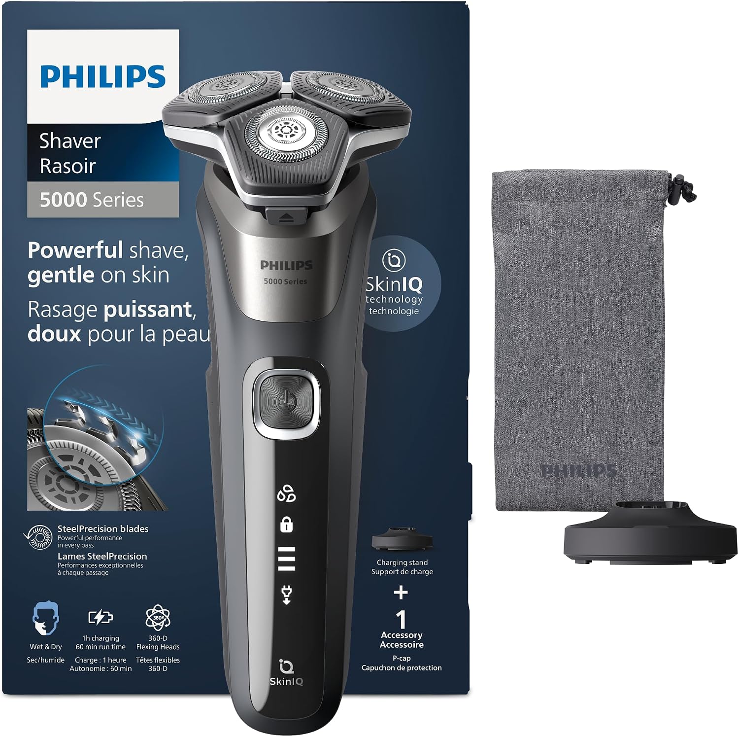 PHILIPS Shaver Series 5000 – Elektrischer Rasierer für Herren, Nass- & Trockenrasierer in Carbongrau, integrierter ausklappbarer Trimmer, weiche Tasche, Schutzkappe & Ladestation (Modell S5887/13)