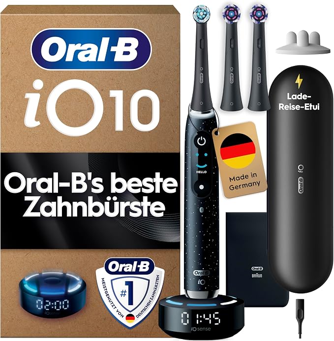 Oral-B iO Series 10 Elektrische Zahnbürste, Schwarz | Inkl. 3 Aufsteckbürsten, Lade-Reise-Etui, iOSe...