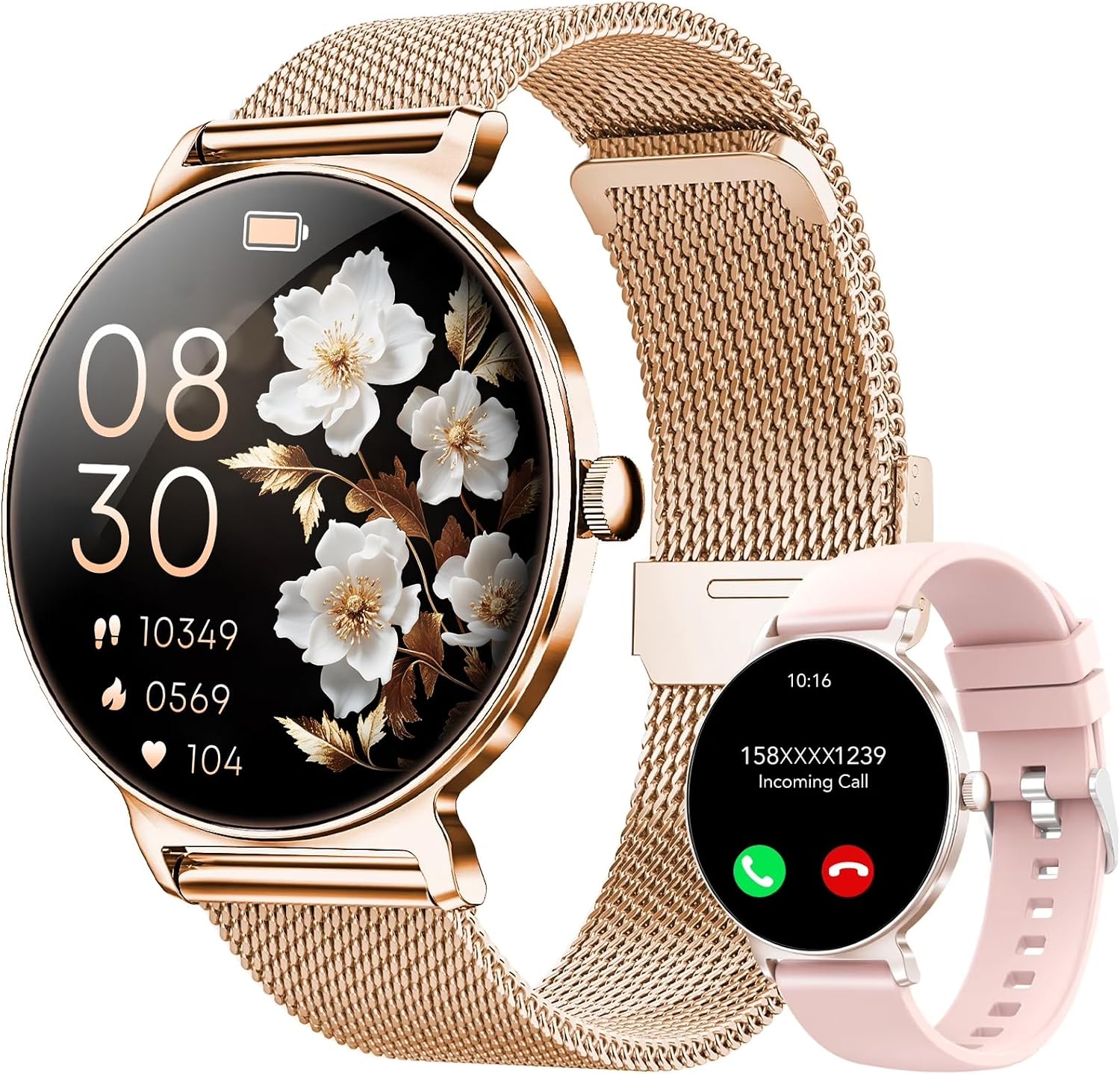 Smartwatch Damen mit Telefonfunktion, 1,27-Zoll AMOLED-HD Voll-Touchscreen Smartwatch, 120+ Sportmodi, IP68 Wasserdicht Fitness Tracker mit Herzfrequenz, Schlafmonitor für iOS Android, Rotgold