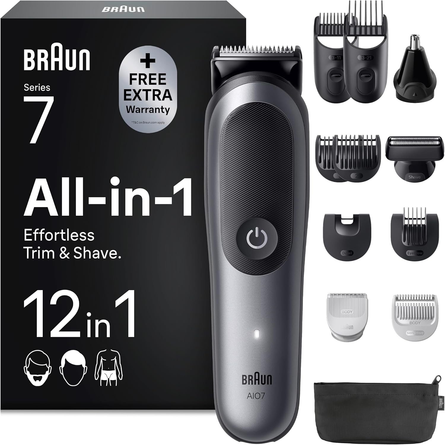 Braun Multigroom All-in-One Series 7, 12-in-1 Trimmer, AIO7545, Grau Barttrimmer, Nasenhaartrimmer, Haarschneidemaschine für Gesicht, Kopf Und Körper, 14 Längen, 120 Min. Akku, Wasserdicht