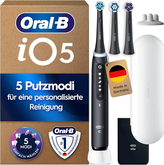 Oral-B iO Series 5 Elektrische Zahnbürste, Schwarz | Inkl. 3 Aufsteckbürsten, Reise-Etui, Electric T...