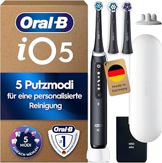 e Anzeige – Oral-B iO Series 5 Elektrische Zahnbürste, Schwarz | Inkl. 3 Aufsteckbürsten, Reise-Etui, Electric T...