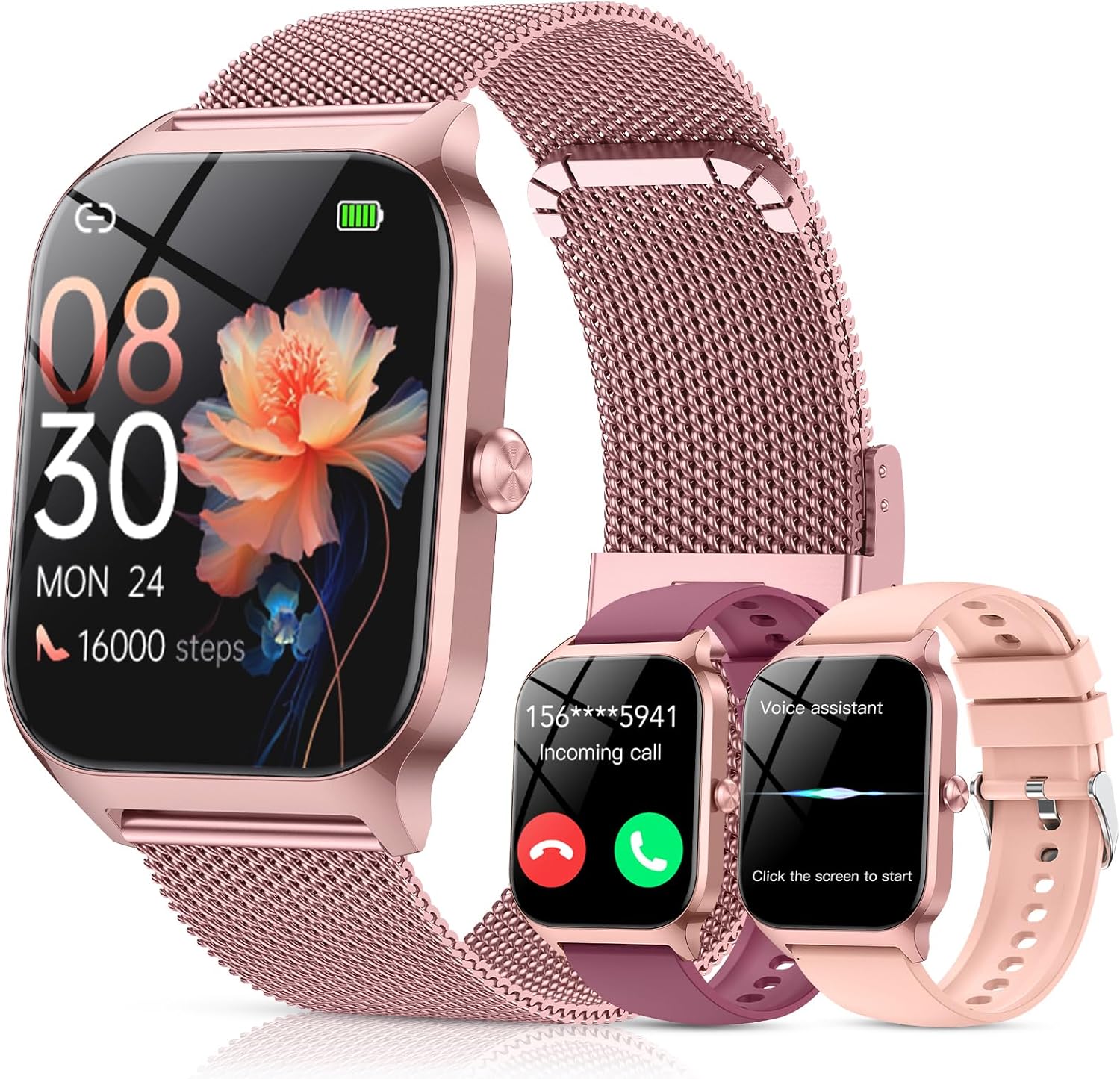 CASCHO Smartwatch Damen mit Telefonfunktion,1.85'' HD Fitness Tracker mit Herzfrequenz SpO2 Schlafmonitor,120+ Sportmodi Fitnessuhr, IP68 Smart Watch for Women für iOS Android,3 Armbänder-Roségold