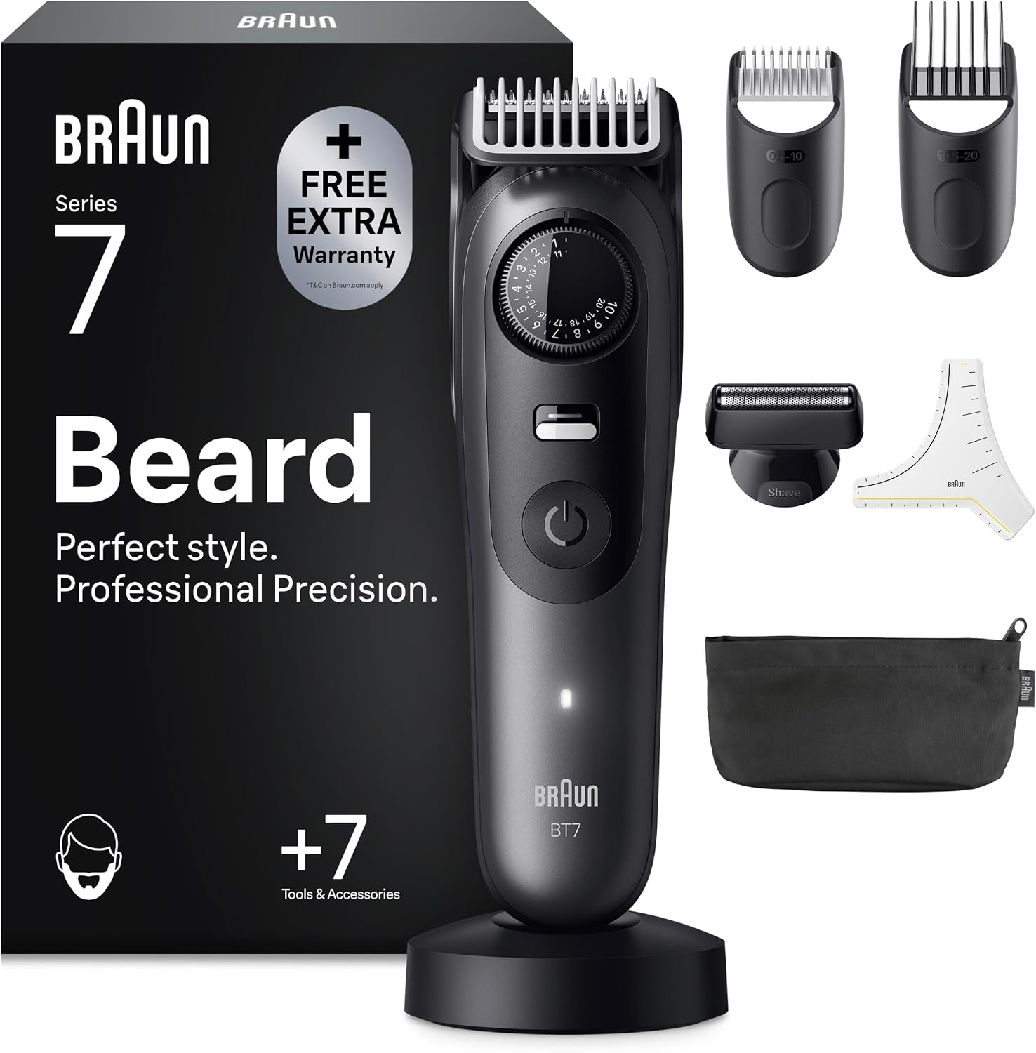 Braun Barttrimmer Series 7, Kabelloser Bartschneider Herren, BT7525, Grau | Bart Rasierer mit 40 Län...