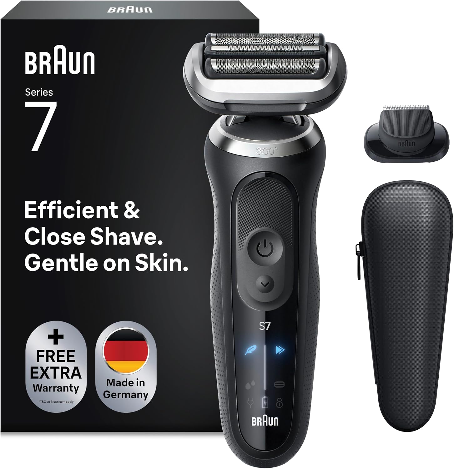 Braun Rasierer Herren Elektrisch Series 7, 72-N1200si, Schwarz Kabelloser Elektrorasierer, Barttrimmer mit 60 Min. Akku, Wasserdicht, Made in Germany, Inkl. 1 Aufsatz
